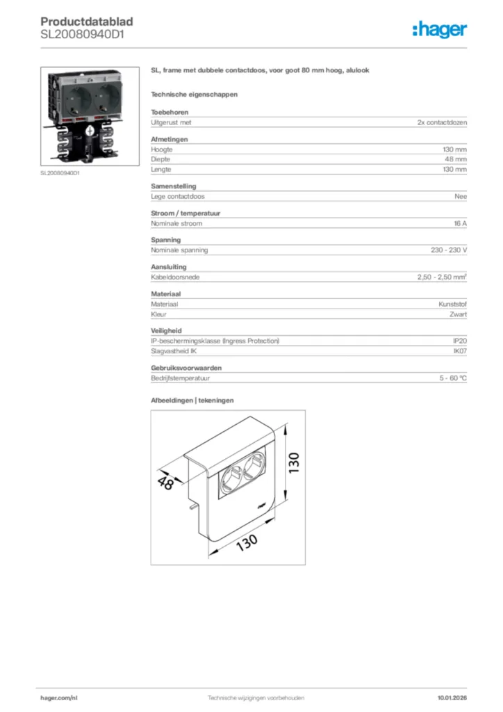 Afbeelding Hager Productdatablad SL20080940D1 | Hager Nederland