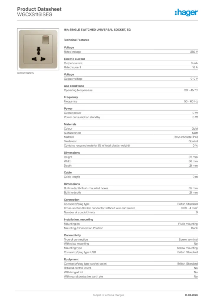 Image Hager Product data sheet WGCXS116ISEG  | Hager Africa