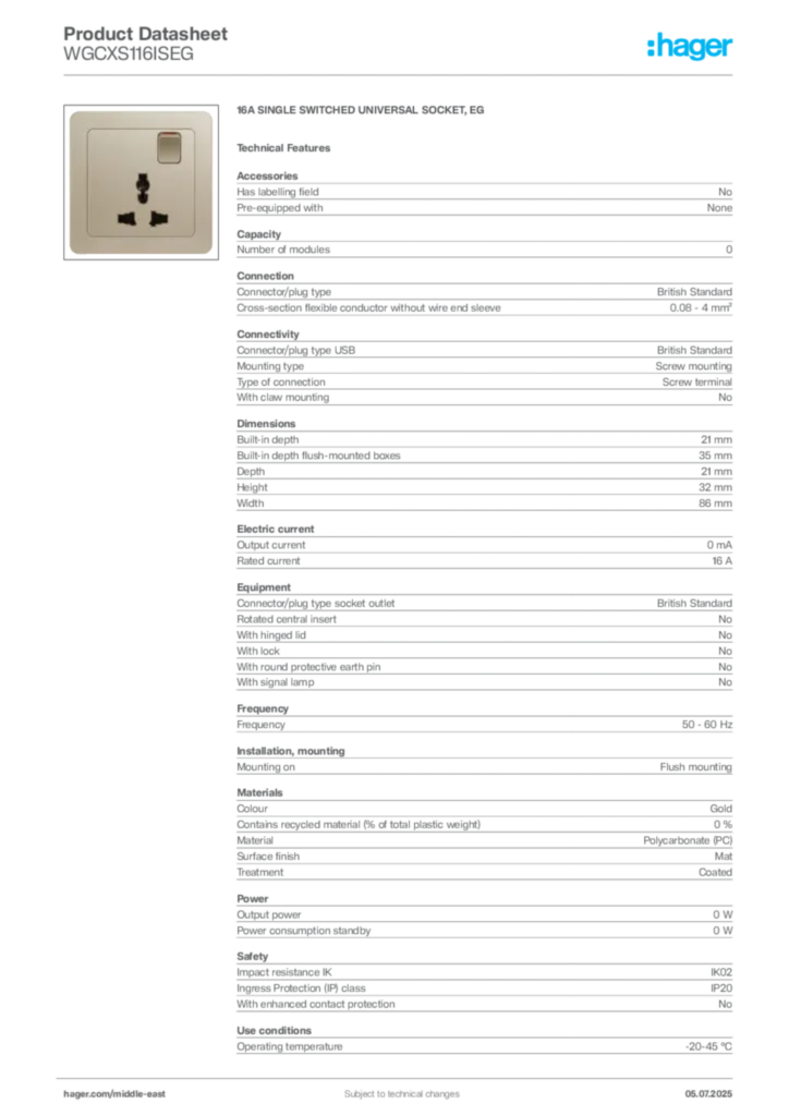 Image Hager Product data sheet WGCXS116ISEG  | Hager