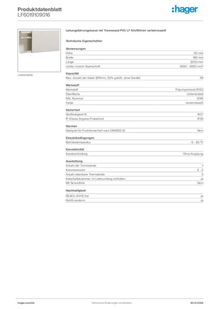 Bild Hager Produktdatenblatt LF6019109016 | Hager Deutschland