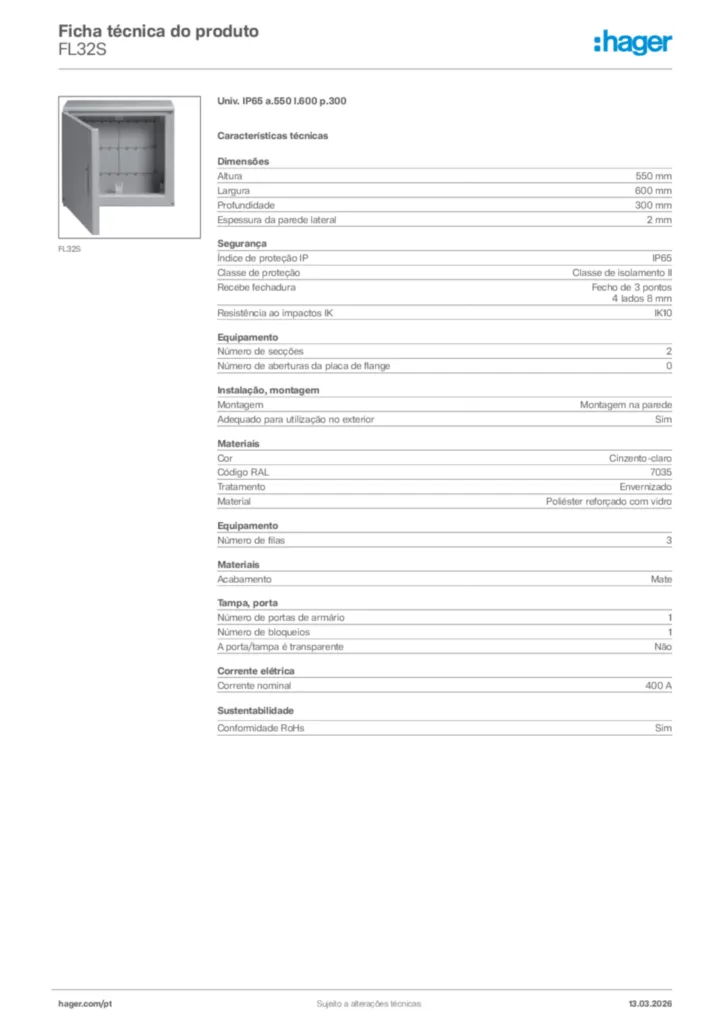 Imagem Hager Ficha técnica do produto FL32S | Hager Portugal