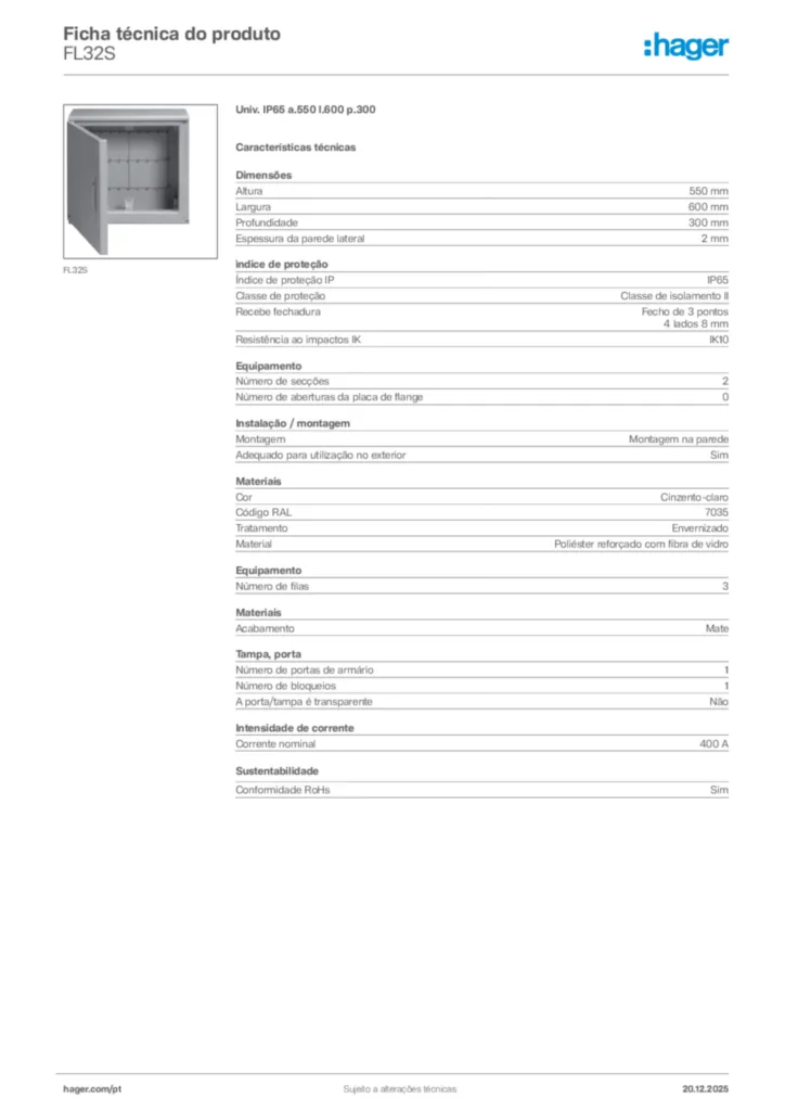 Imagem Hager Ficha técnica do produto FL32S | Hager Portugal