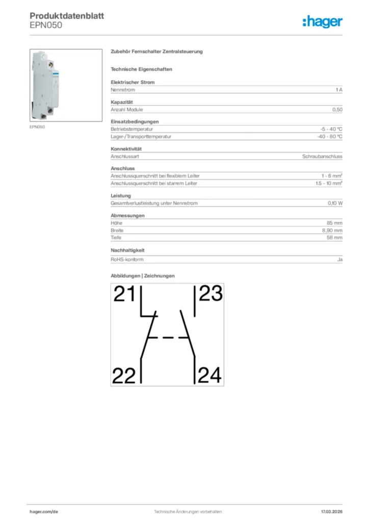 Bild Hager Produktdatenblatt EPN050 | Hager Deutschland