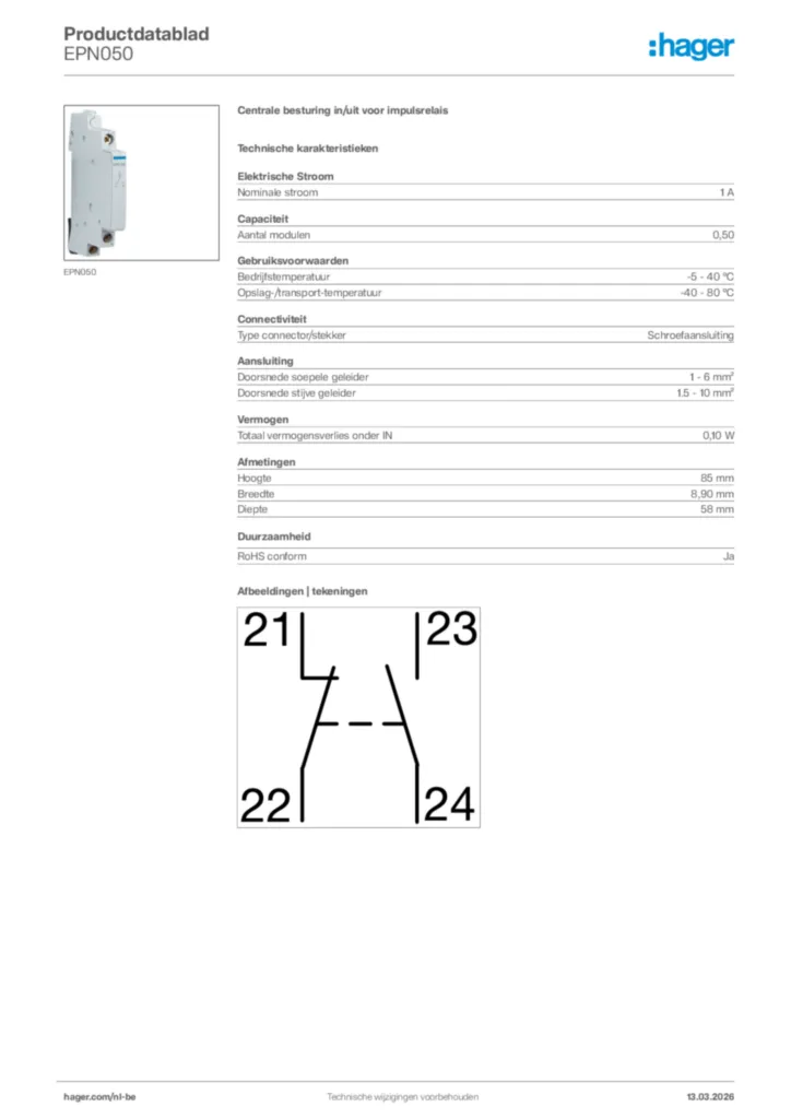 Afbeelding Hager Productdatablad EPN050 | Hager Belgium