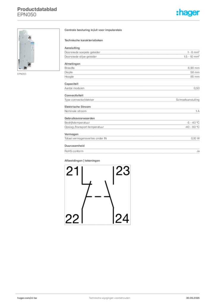 Afbeelding Hager Productdatablad EPN050 | Hager Belgium