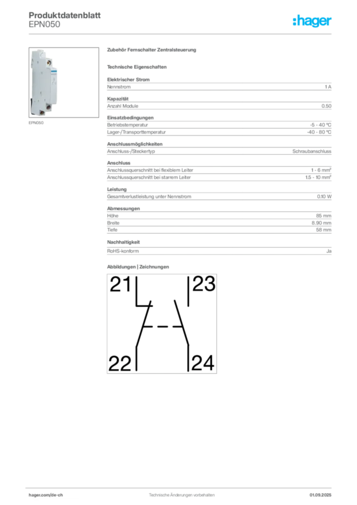 Bild Hager Produktdatenblatt EPN050 | Hager Schweiz