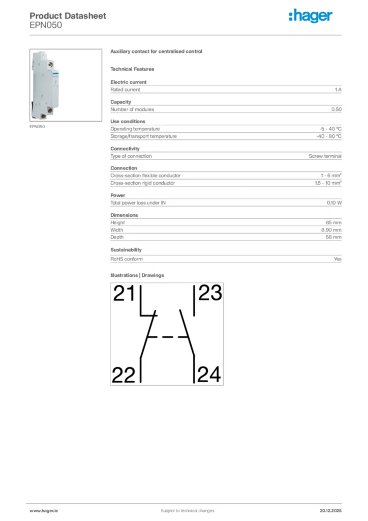 Image Hager Product data sheet EPN050  | Hager
