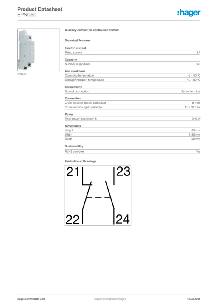 Image Hager Product data sheet EPN050  | Hager