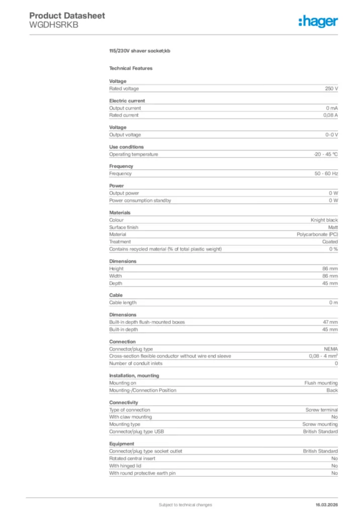 Image Hager Product data sheet WGDHSRKB  | Hager