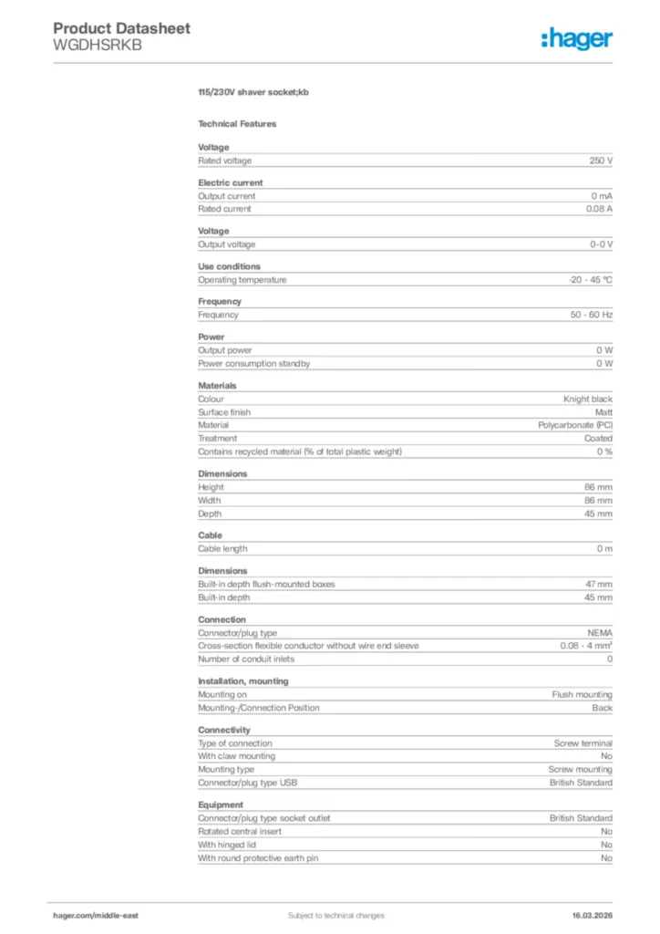 Image Hager Product data sheet WGDHSRKB  | Hager