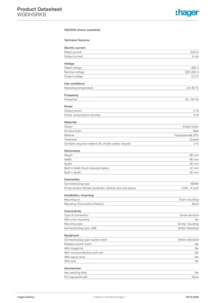 Image Hager Product data sheet WGDHSRKB  | Hager