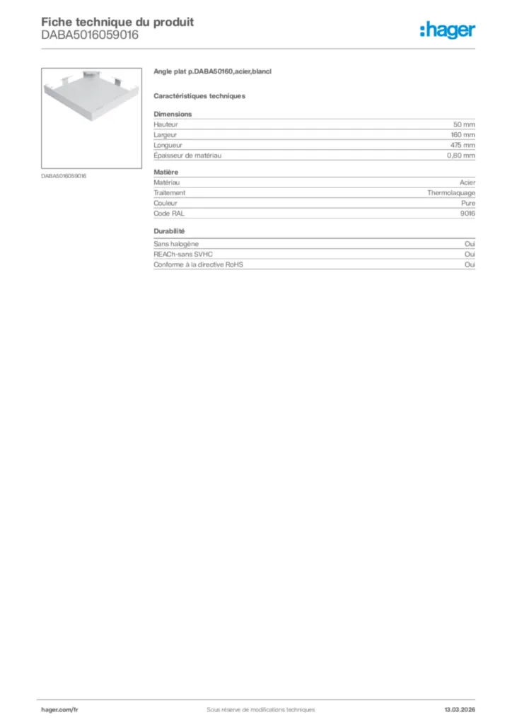 Image Hager Fiche technique du produit DABA5016059016 | Hager France