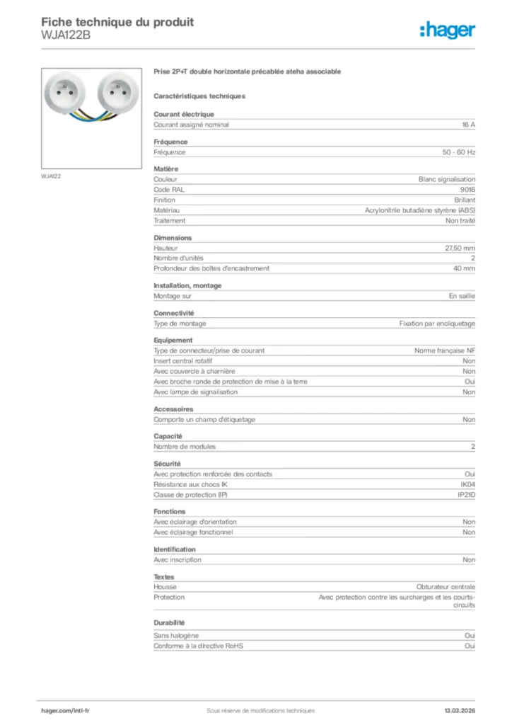 Image Hager Fiche technique du produit WJA122B | Hager Afrique