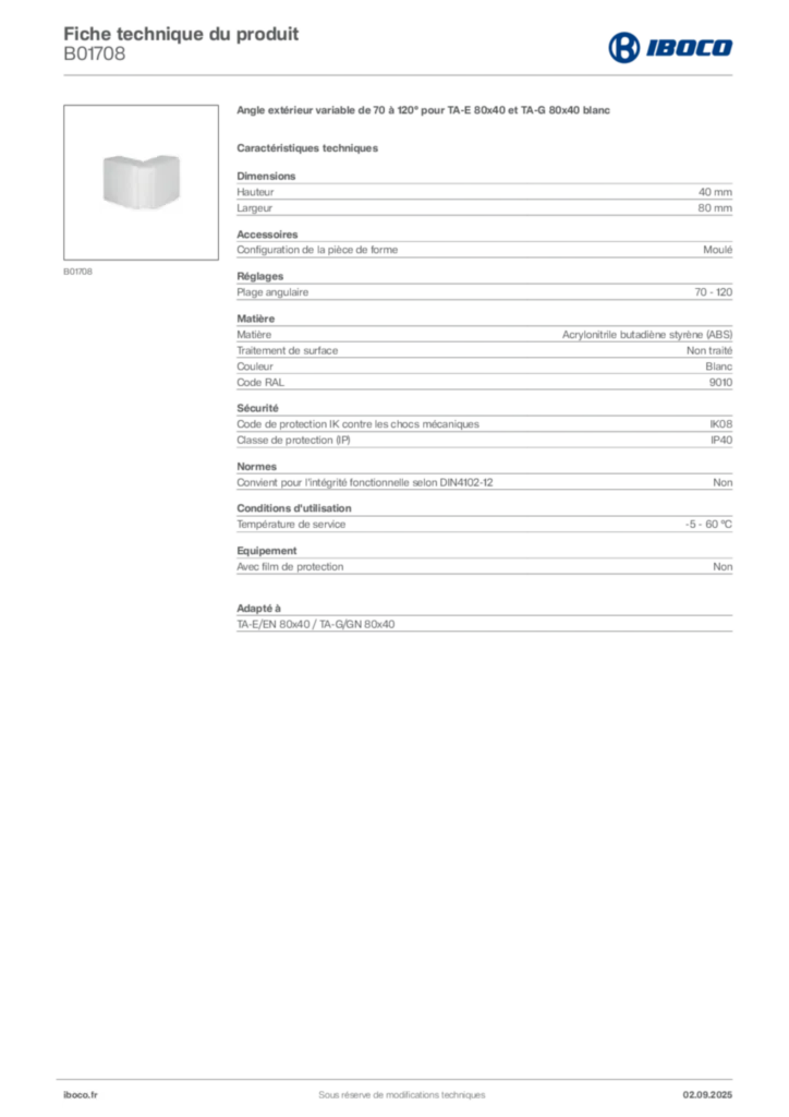 Image Iboco Fiche technique du produit B01708 | Hager France