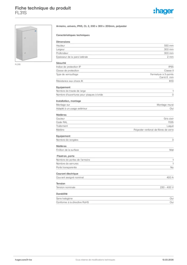 Image Hager Fiche technique du produit FL31S | Hager Belgique