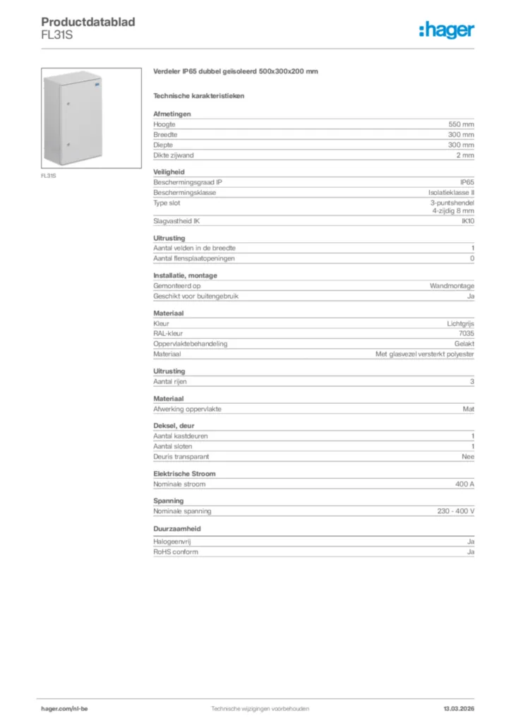 Afbeelding Hager Productdatablad FL31S | Hager Belgium