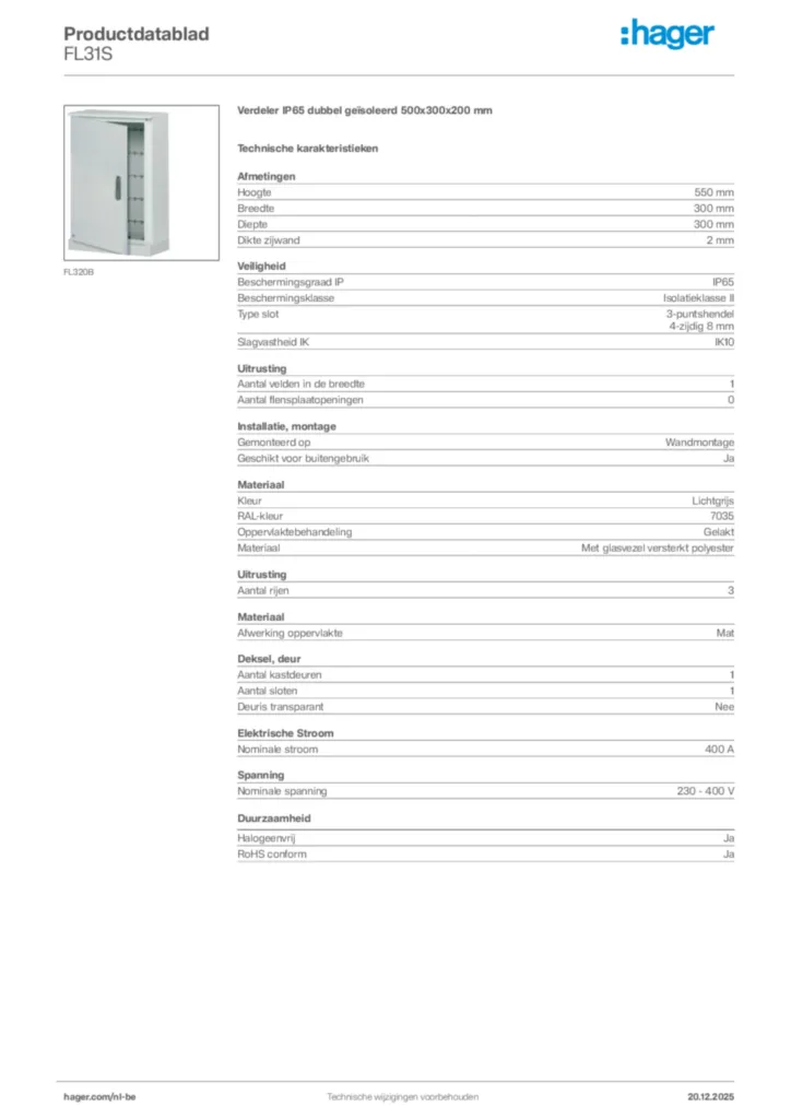 Afbeelding Hager Productdatablad FL31S | Hager Belgium