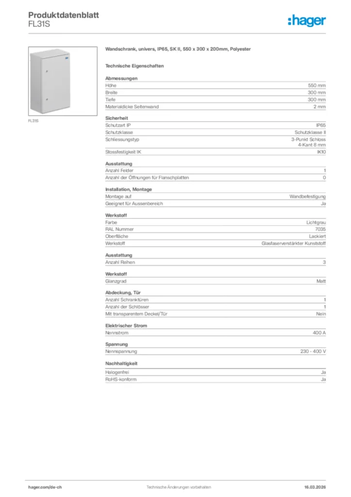 Bild Hager Produktdatenblatt FL31S | Hager Schweiz