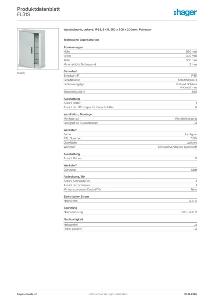 Bild Hager Produktdatenblatt FL31S | Hager Schweiz