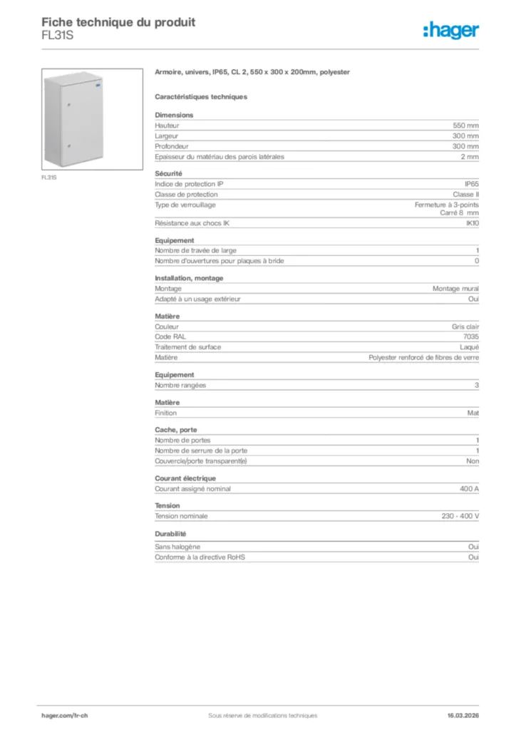 Image Hager Fiche technique du produit FL31S | Hager Suisse