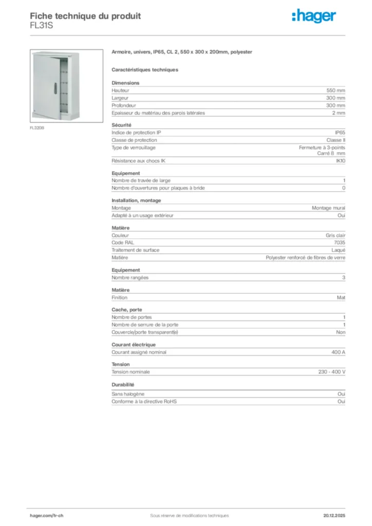 Image Hager Fiche technique du produit FL31S | Hager Suisse