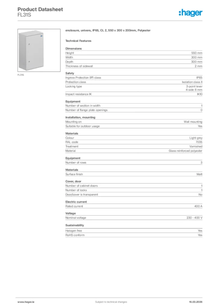 Image Hager Product data sheet FL31S  | Hager
