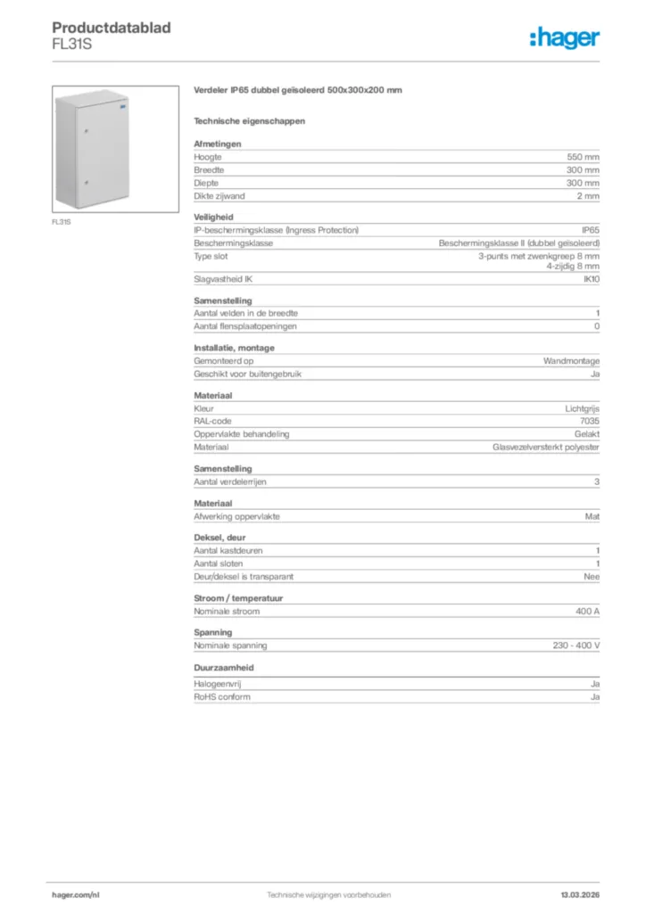Afbeelding Hager Productdatablad FL31S | Hager Nederland
