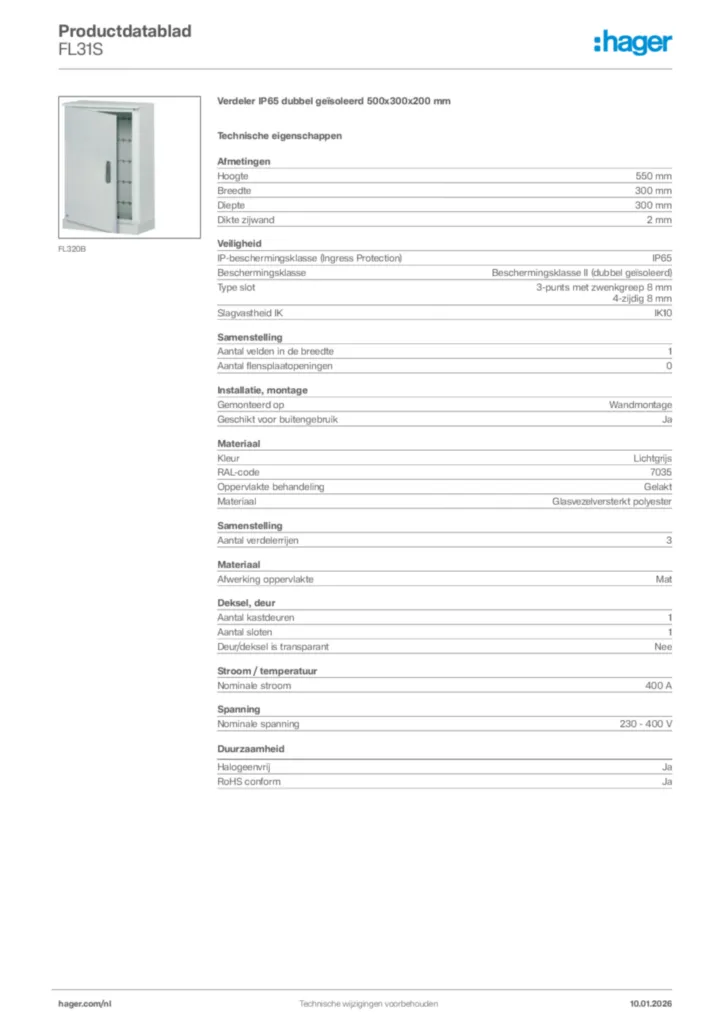 Afbeelding Hager Productdatablad FL31S | Hager Nederland