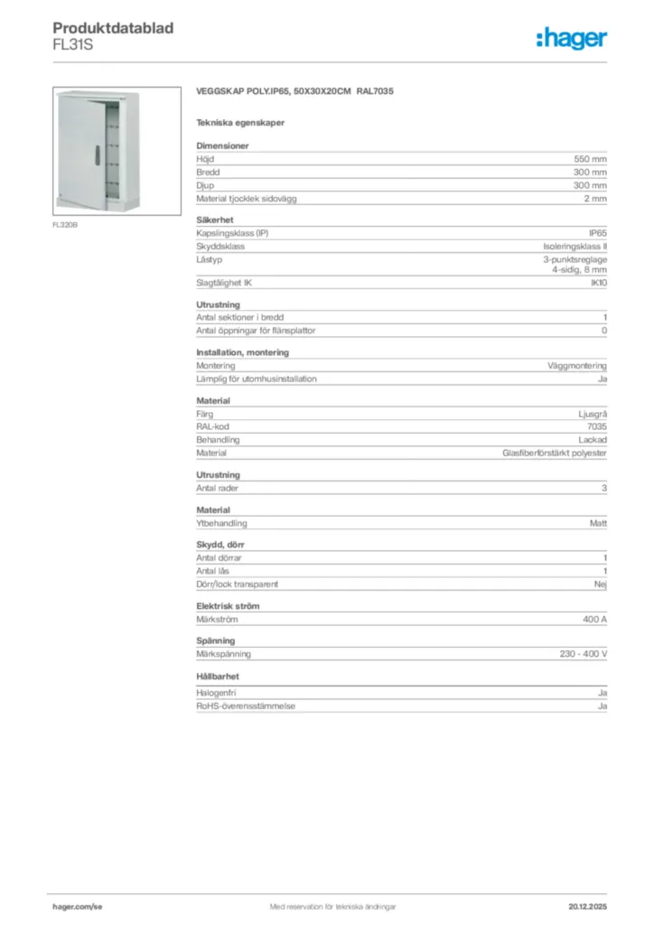 Bild Hager Produktdatablad FL31S | Hager Sverige