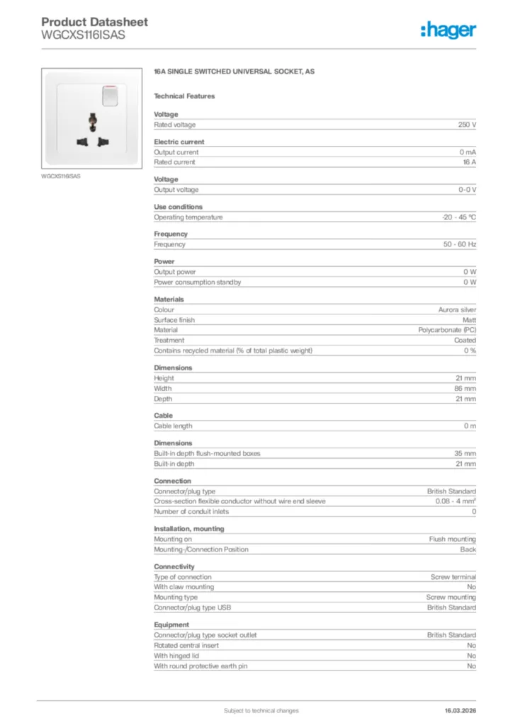 Image Hager Product data sheet WGCXS116ISAS  | Hager Africa