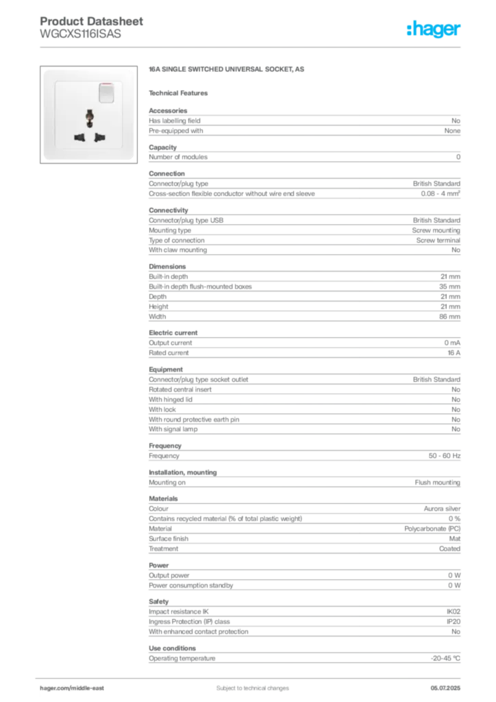 Image Hager Product data sheet WGCXS116ISAS  | Hager