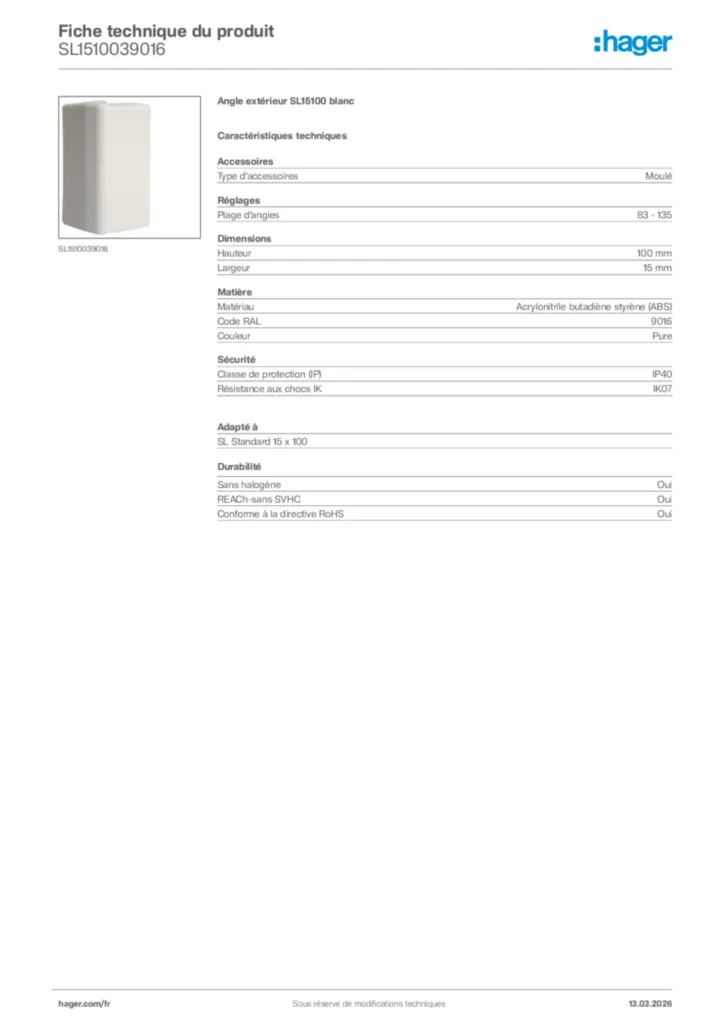 Image Hager Fiche technique du produit SL1510039016 | Hager France
