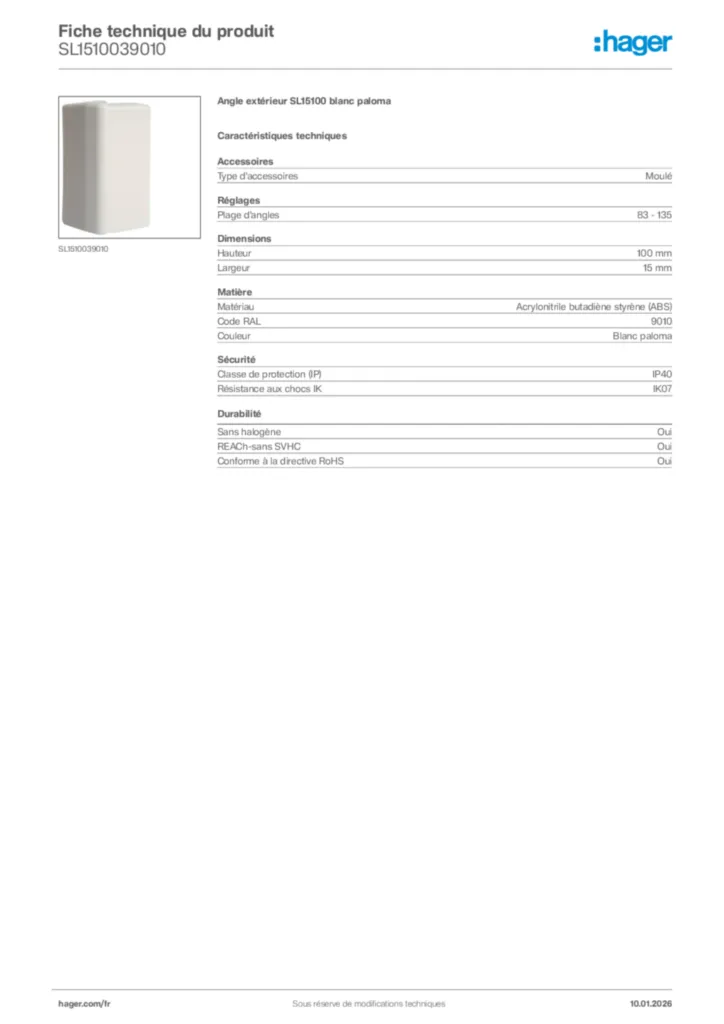 Image Hager Fiche technique du produit SL1510039010 | Hager France