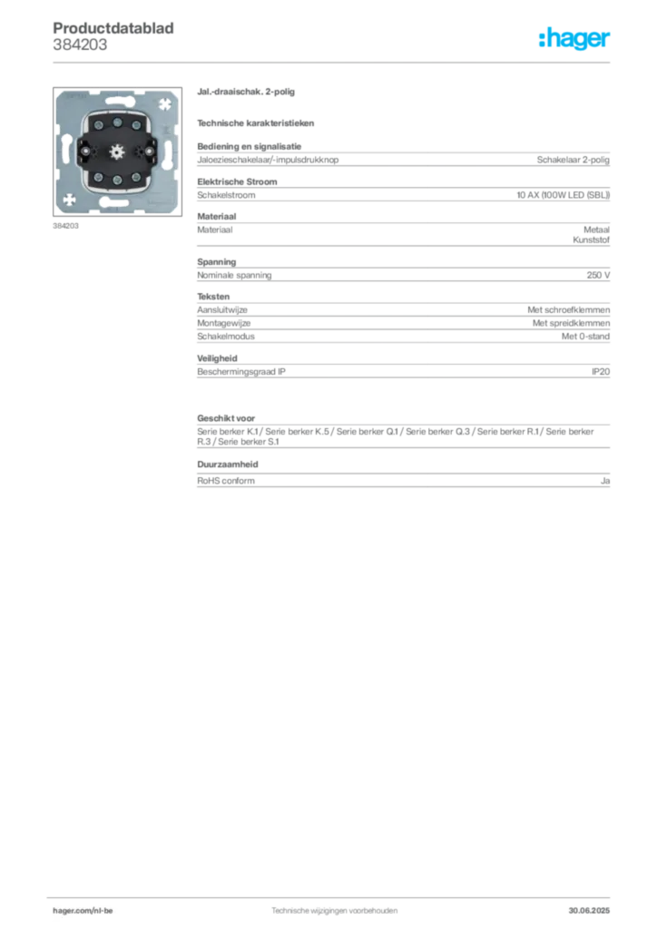 Afbeelding Hager Productdatablad 384203 | Hager Belgium