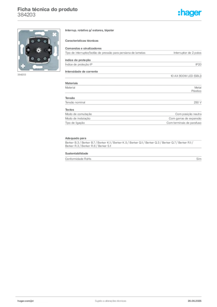 Imagem Hager Ficha técnica do produto 384203 | Hager Portugal