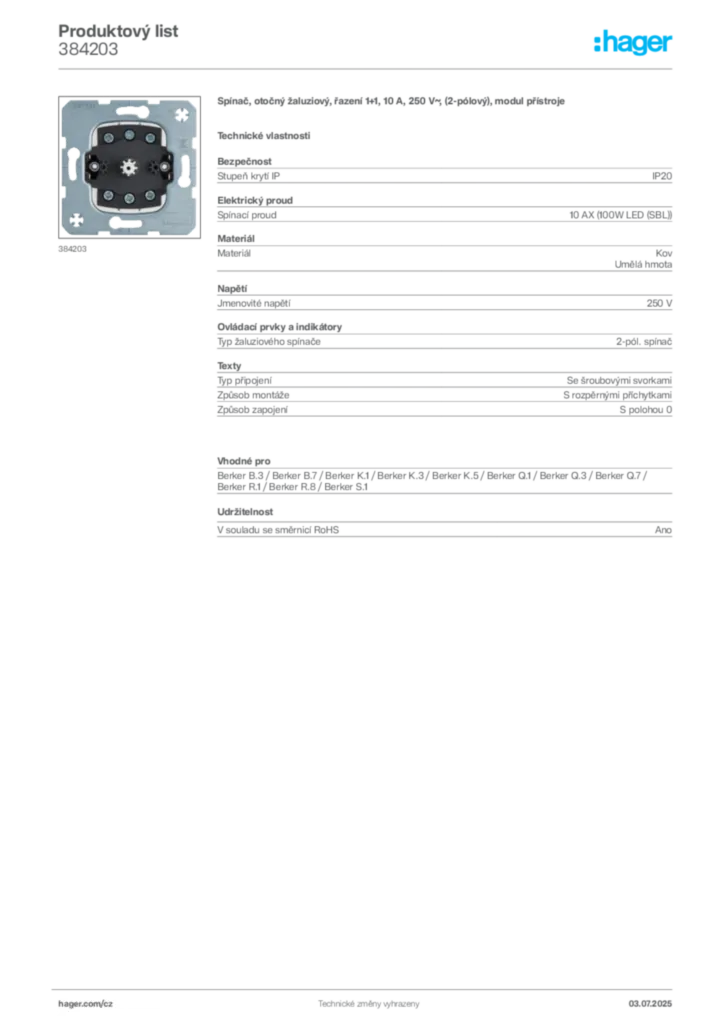 Obrázek Hager Produktový list 384203 | Hager