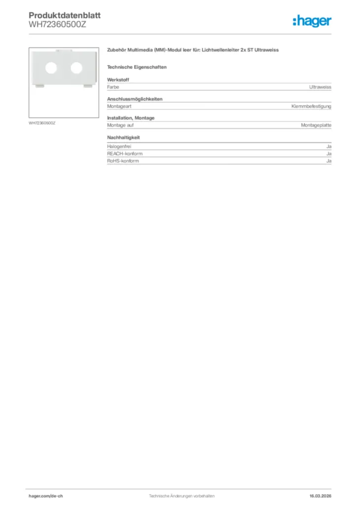 Bild Hager Produktdatenblatt WH72360500Z | Hager Schweiz