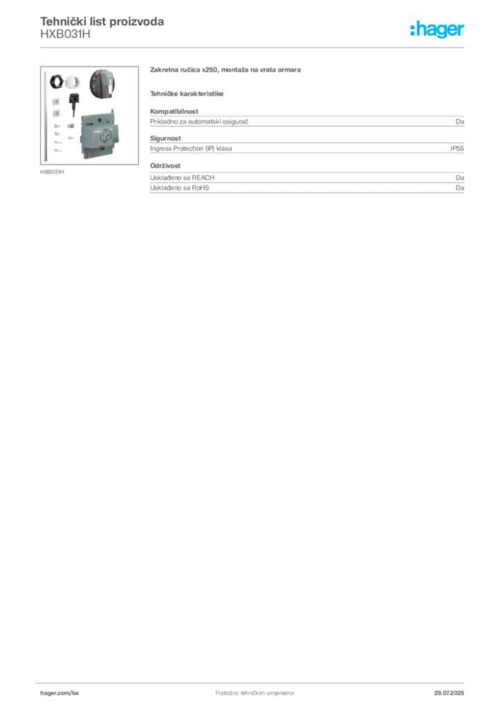 Slika Hager Product data sheet HXB031H  | Hager