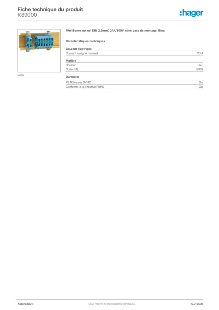 Image Hager Fiche technique du produit K89000 | Hager France