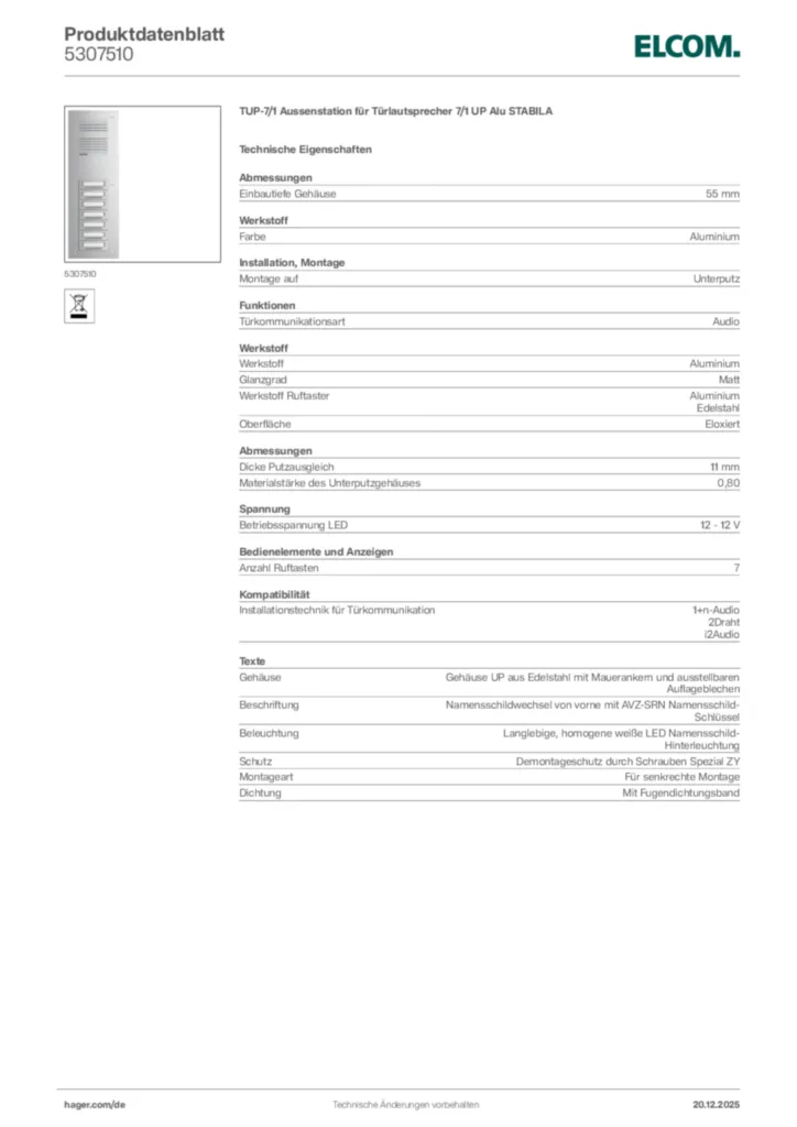 Bild Elcom Produktdatenblatt 5307510 | Hager Deutschland