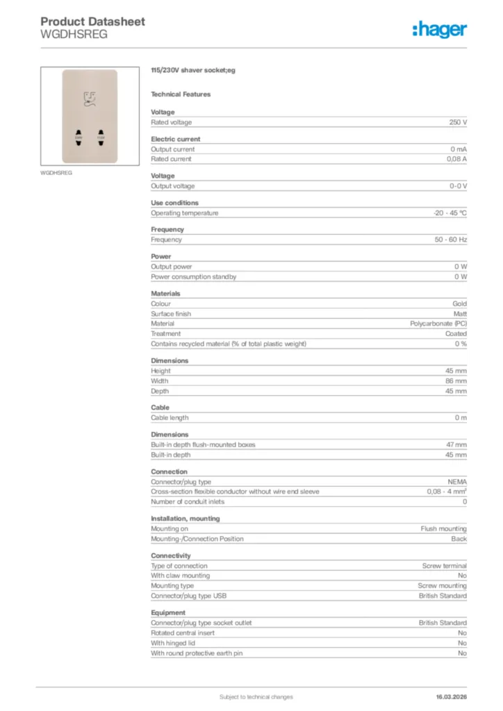 Image Hager Product data sheet WGDHSREG  | Hager