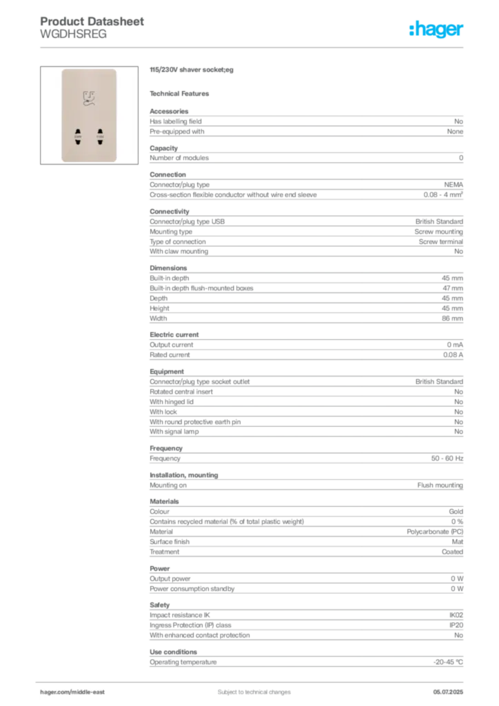 Image Hager Product data sheet WGDHSREG  | Hager