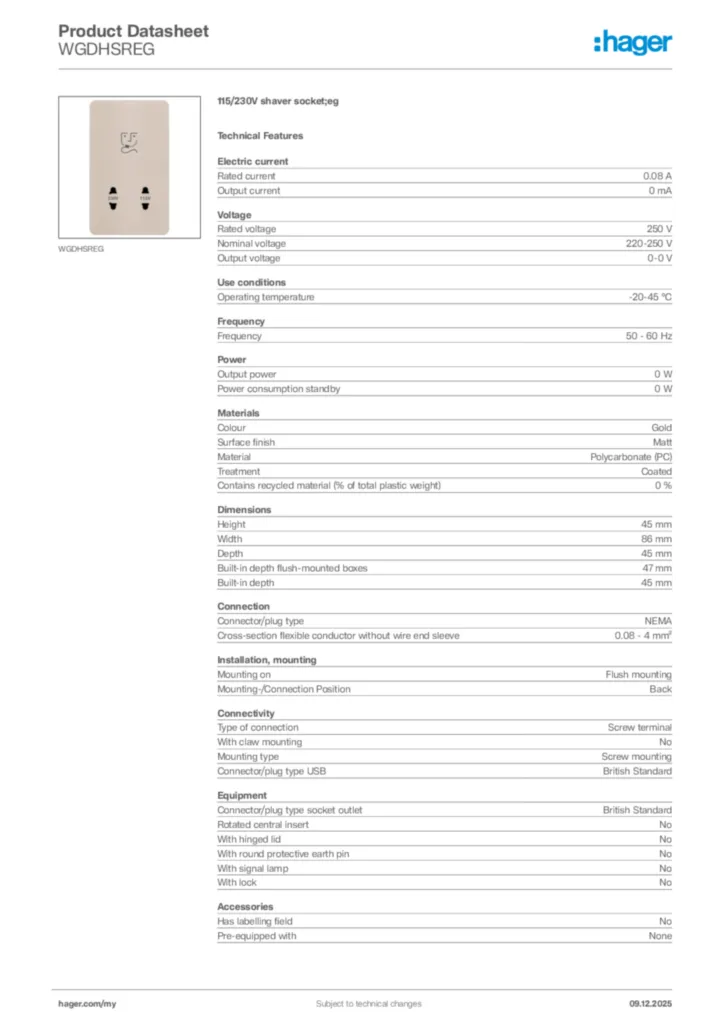 Image Hager Product data sheet WGDHSREG  | Hager