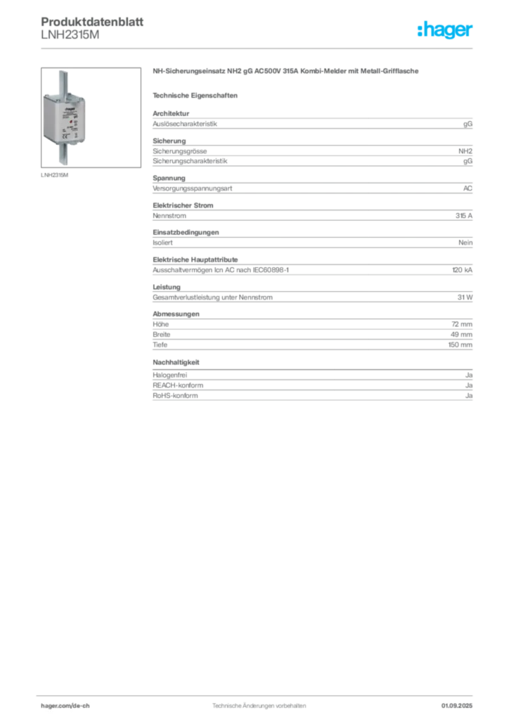 Bild Hager Produktdatenblatt LNH2315M | Hager Schweiz