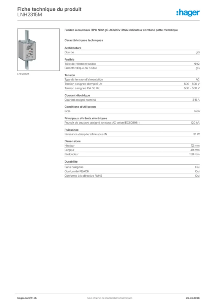 Image Hager Fiche technique du produit LNH2315M | Hager Suisse