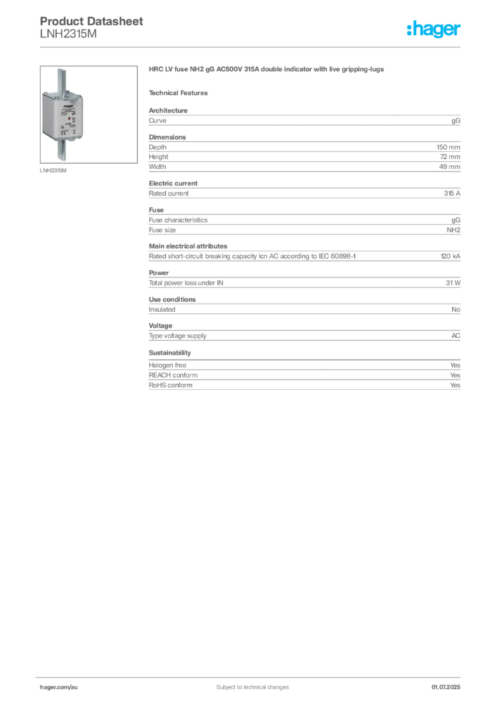 Image Hager Product data sheet LNH2315M  | Hager Australia