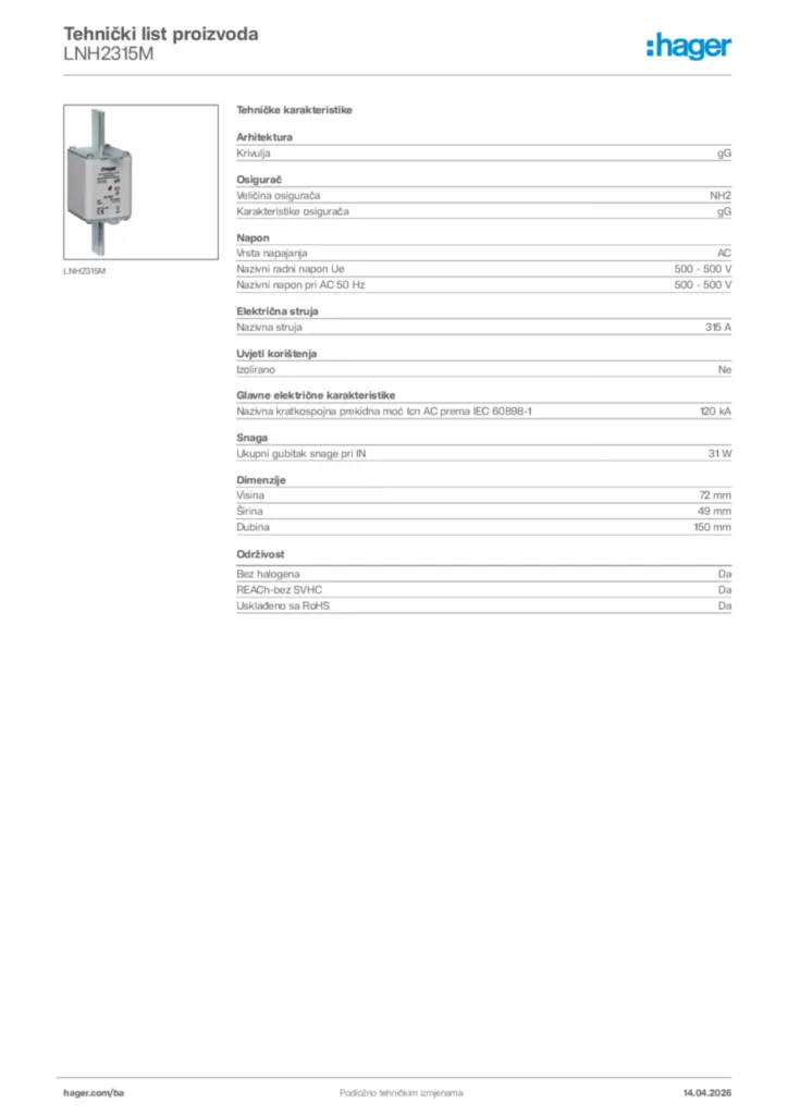 Slika Hager Tehnički list proizvoda LNH2315M  | Hager