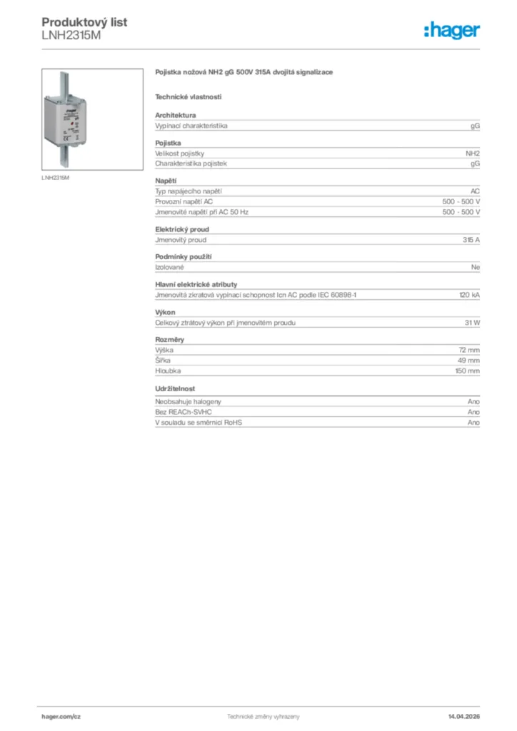 Obrázek Hager Product data sheet LNH2315M | Hager