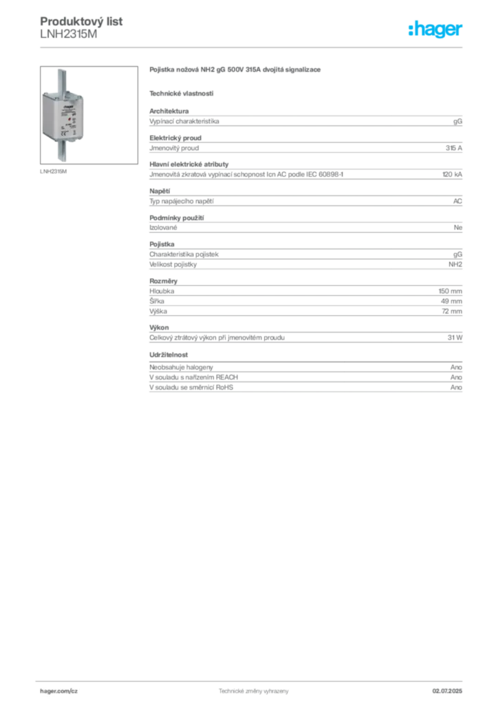 Obrázek Hager Produktový list LNH2315M | Hager