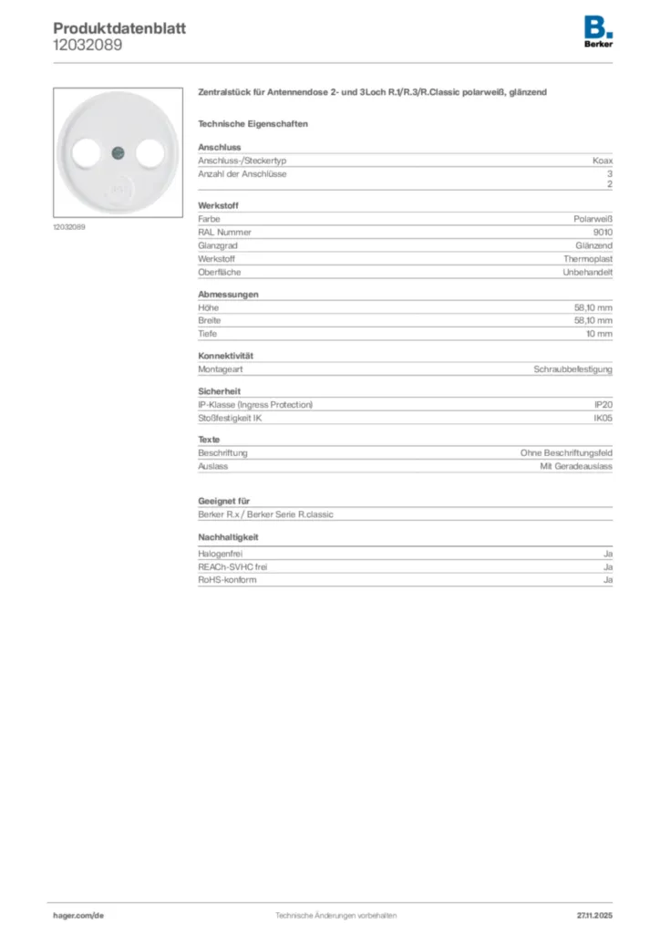 Bild Berker Produktdatenblatt 12032089 | Hager Deutschland